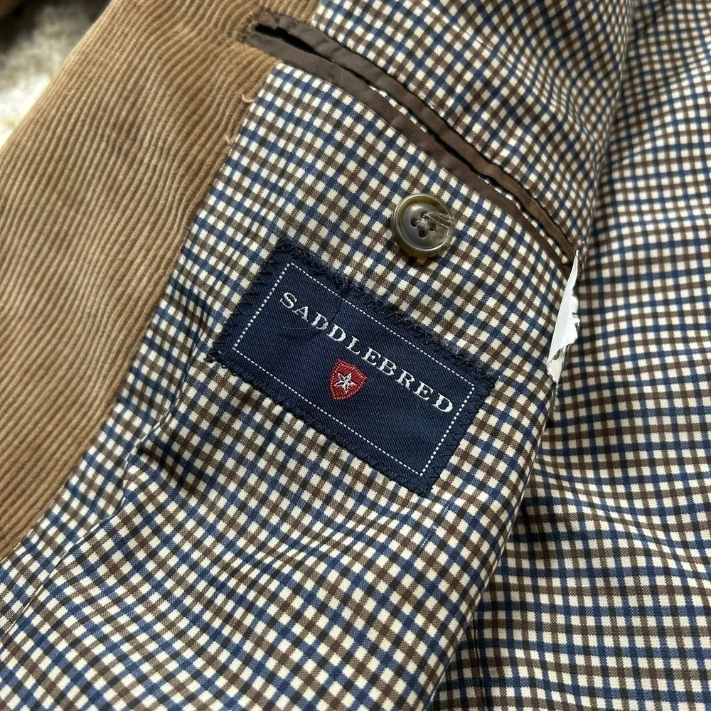 Saddlebred Corduroy Sport Coat Blazer 46L Brown Tan Two Button Gingham Lined